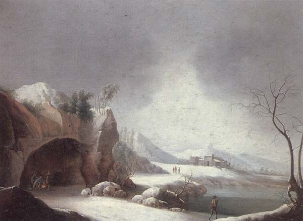 A winter landscpae with travellers gathered aroubnd a fire in a grotto,overlooding a lake,a monastery beyond